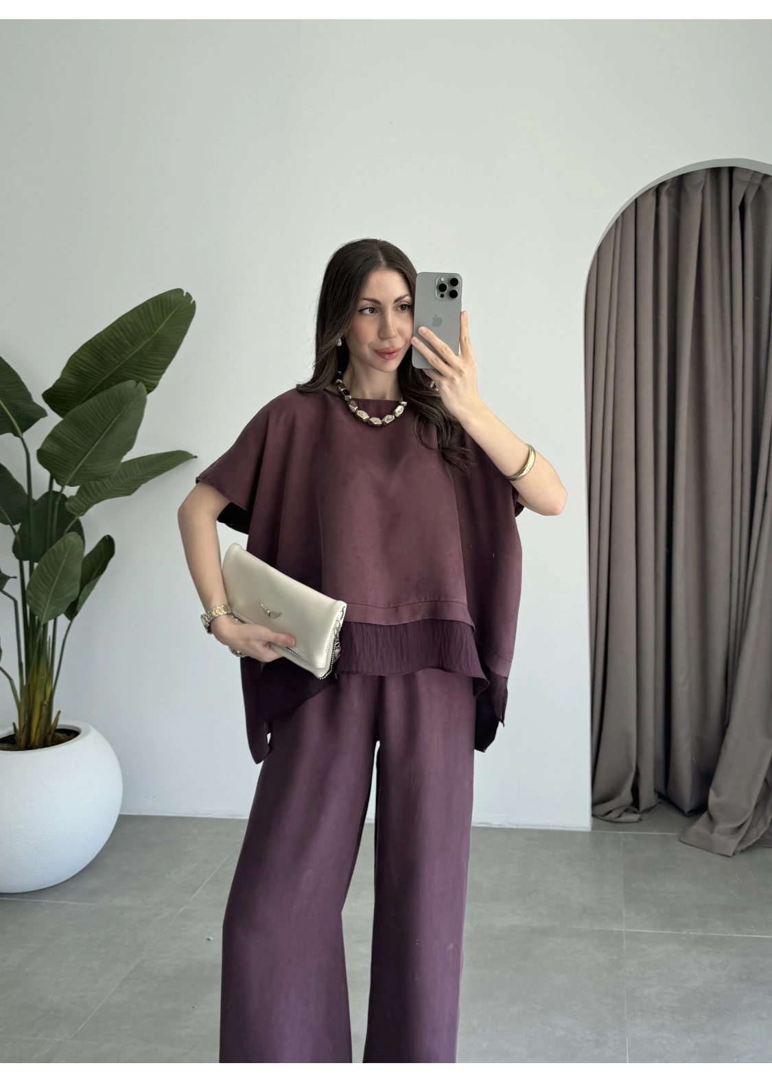 Tül Detaylı Mürdüm Bluz Takım