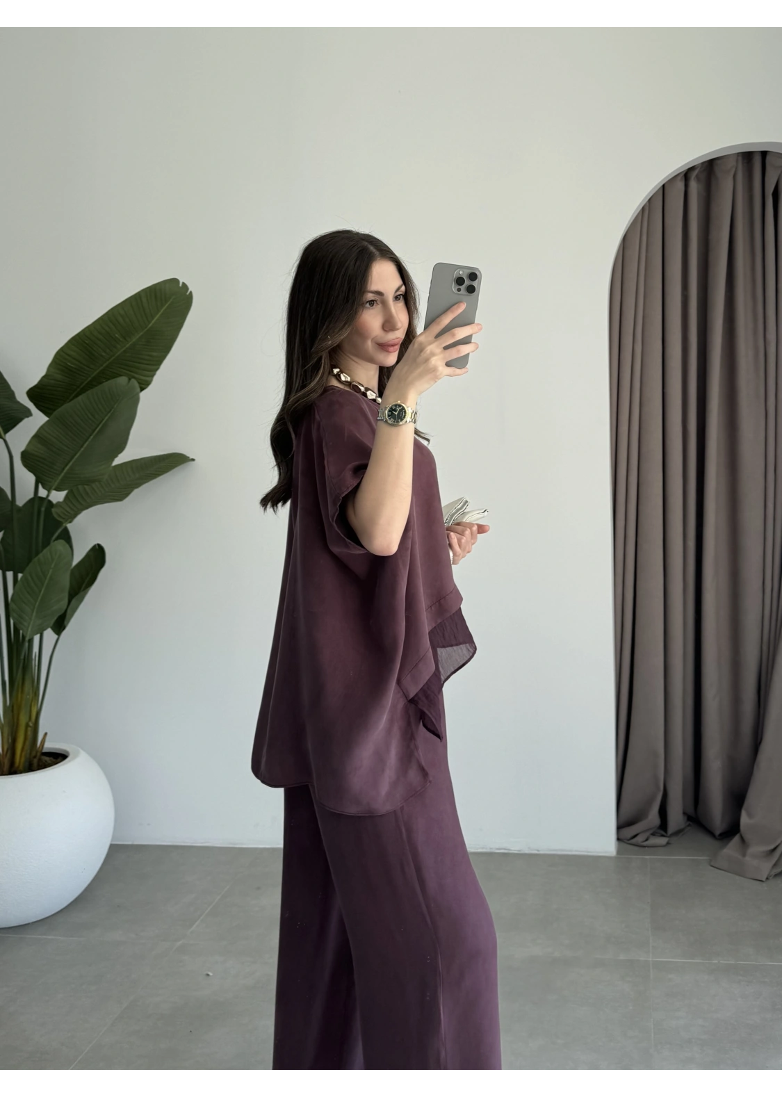 Tül Detaylı Mürdüm Bluz Takım