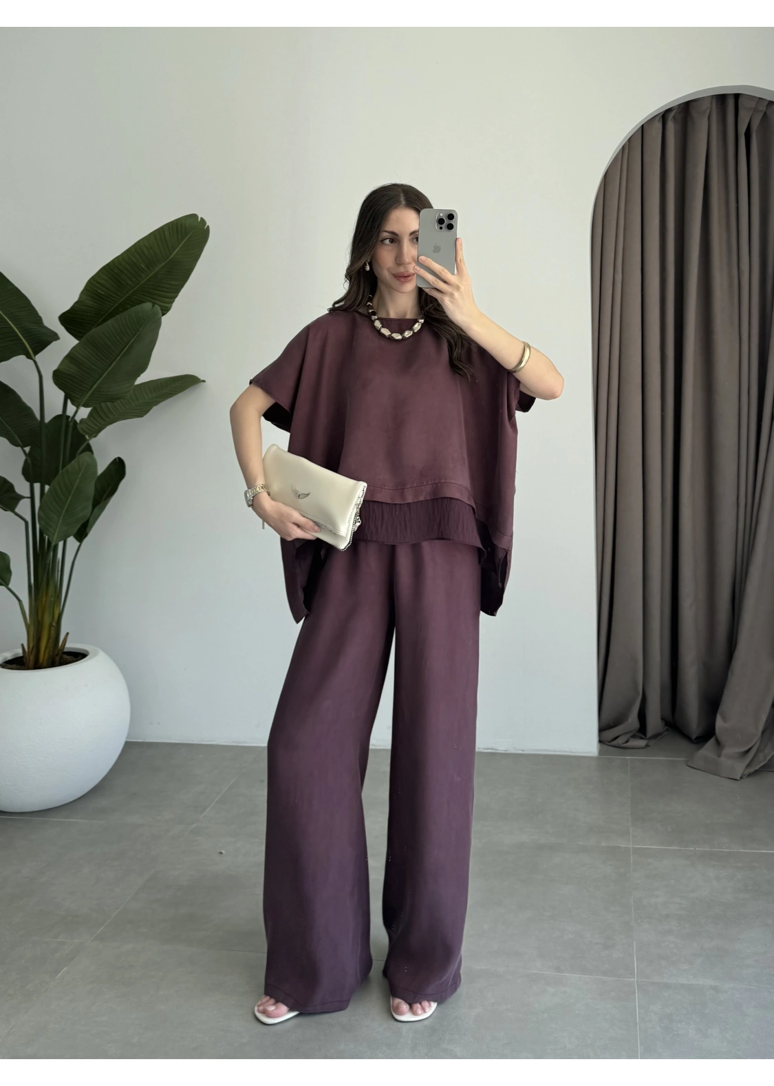 Tül Detaylı Mürdüm Bluz Takım