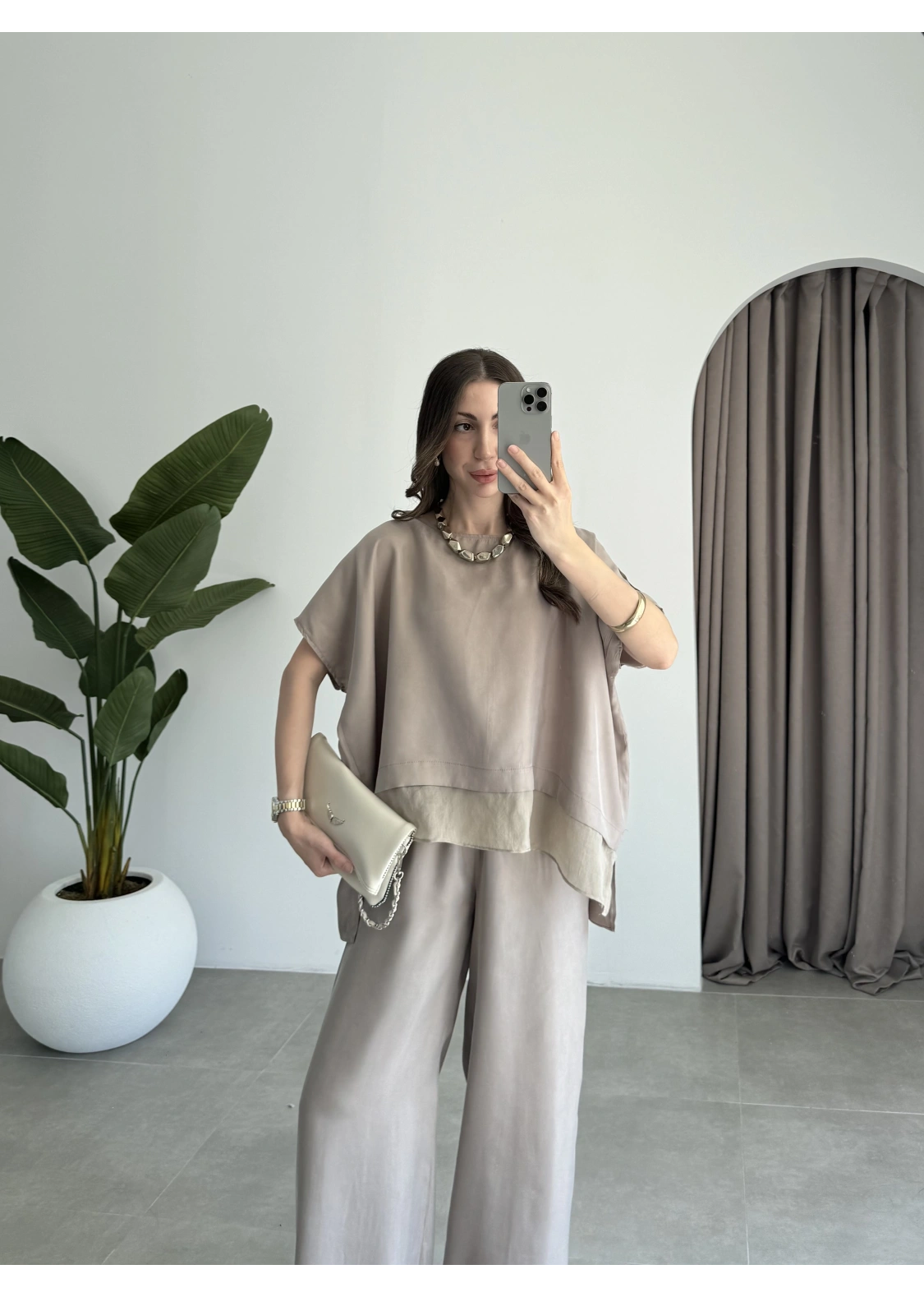 Tül Detaylı Vizon Bluz Takım