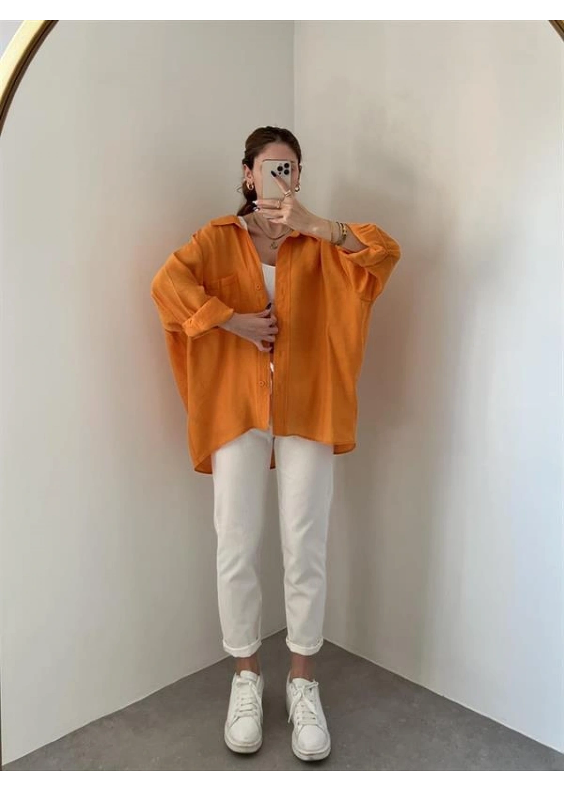Turuncu Oversize Tensel Gömlek