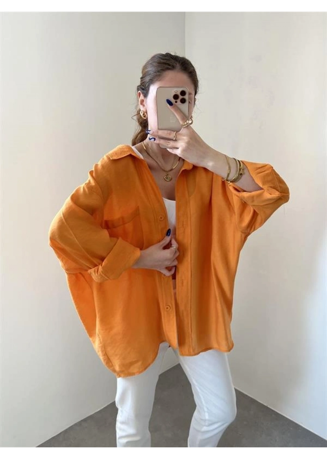 Turuncu Oversize Tensel Gömlek