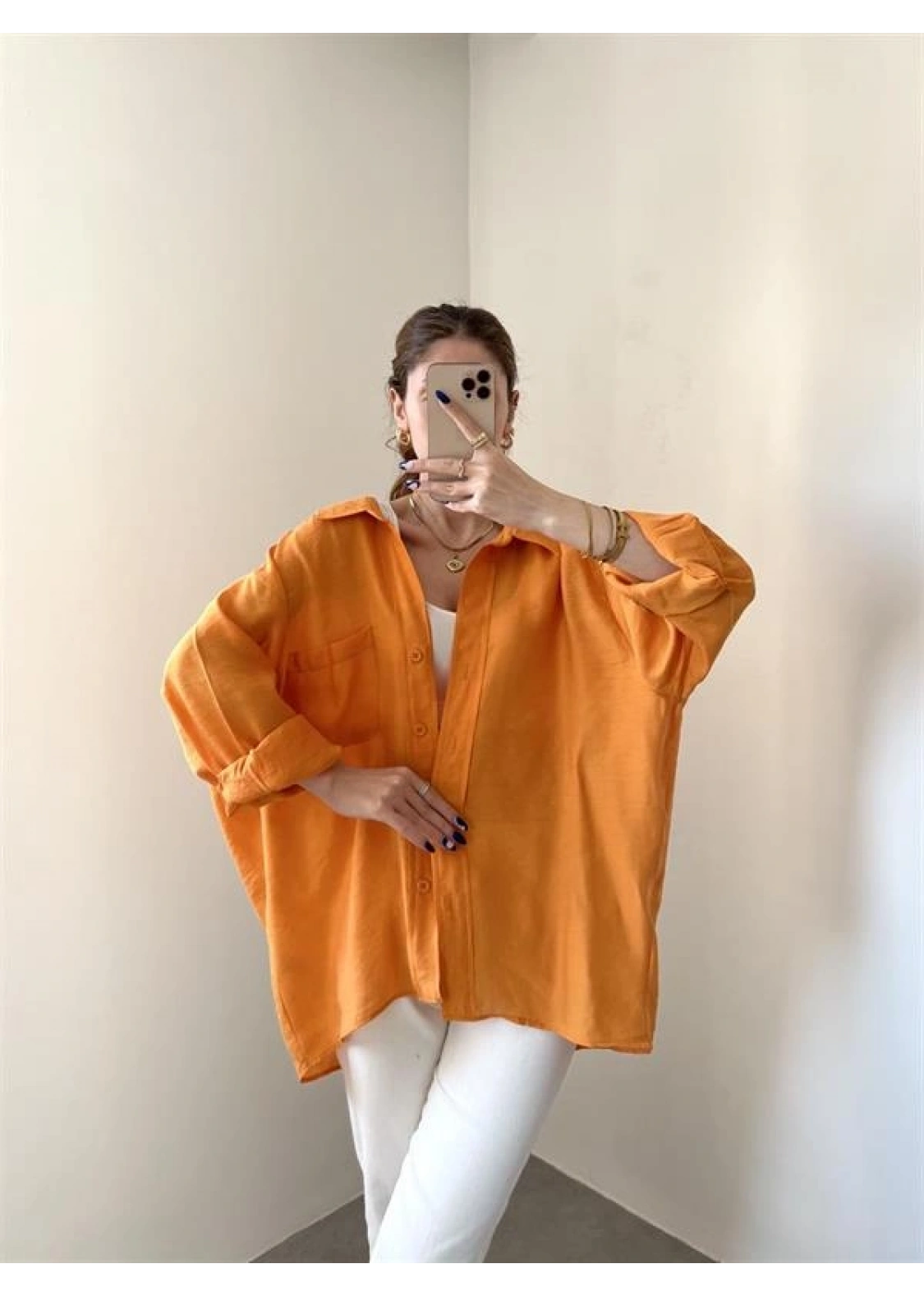 Turuncu Oversize Tensel Gömlek