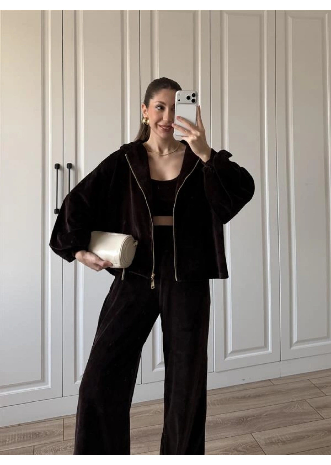 Üçlü Premium Kahve Kadife Takım