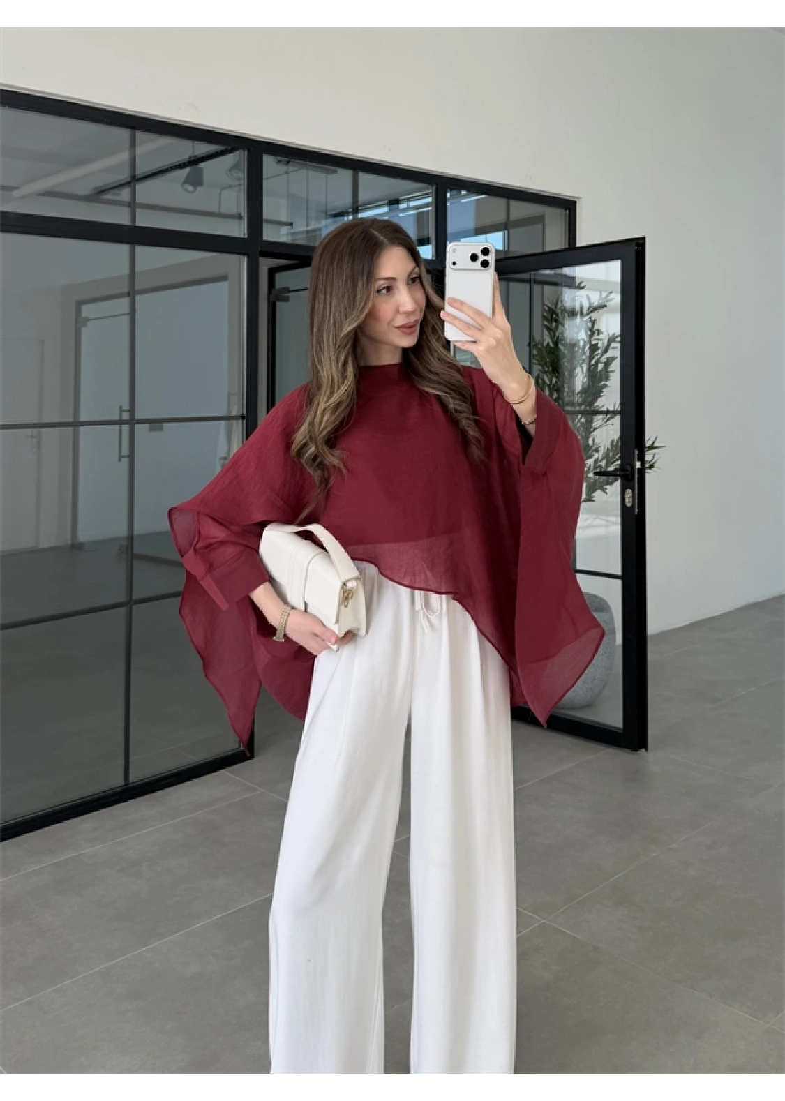 Uçuşan Pelerin Bordo Tül Bluz