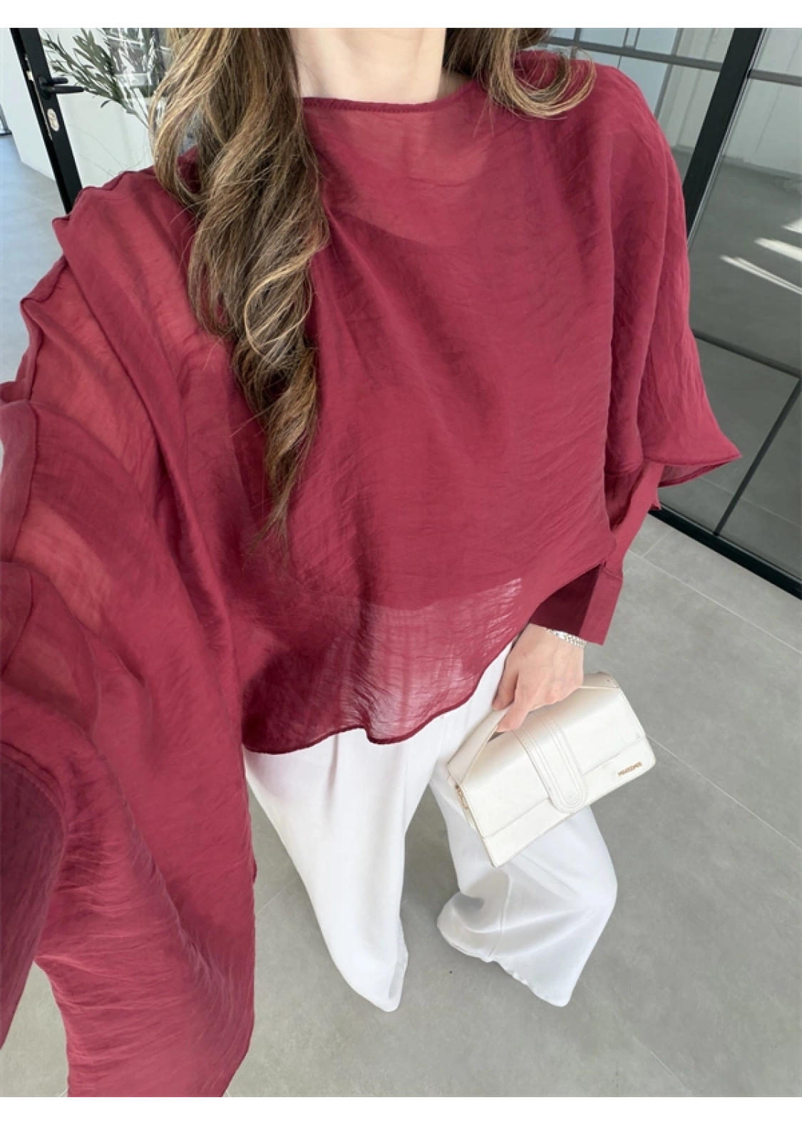 Uçuşan Pelerin Bordo Tül Bluz