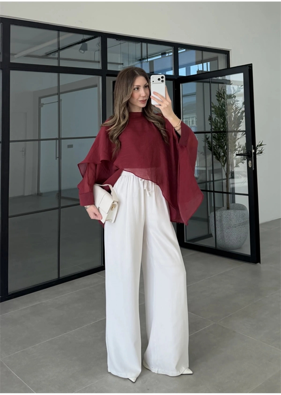 Uçuşan Pelerin Bordo Tül Bluz