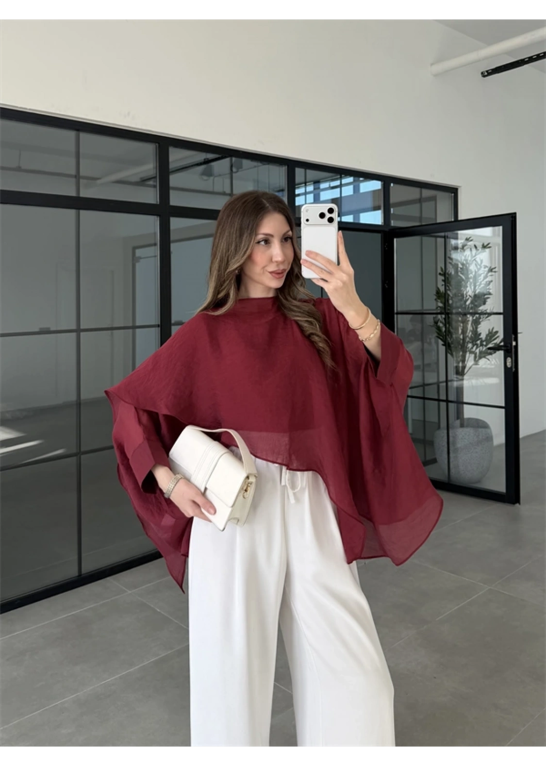 Uçuşan Pelerin Bordo Tül Bluz