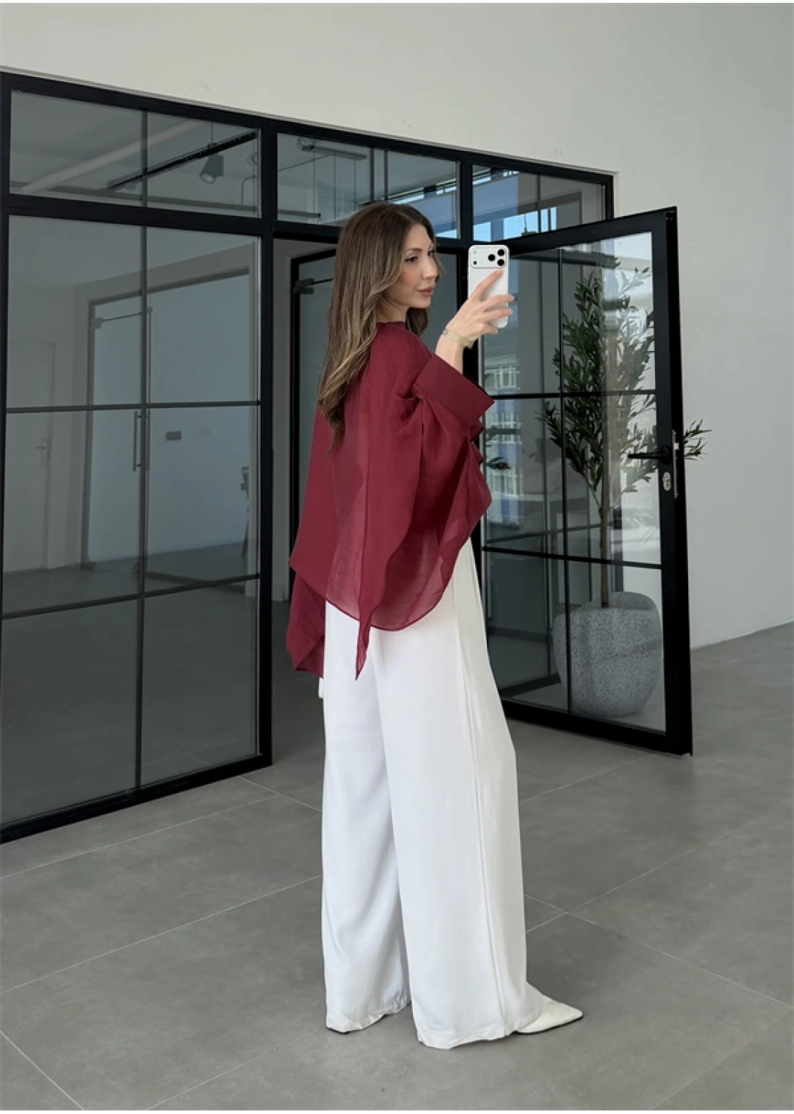 Uçuşan Pelerin Bordo Tül Bluz