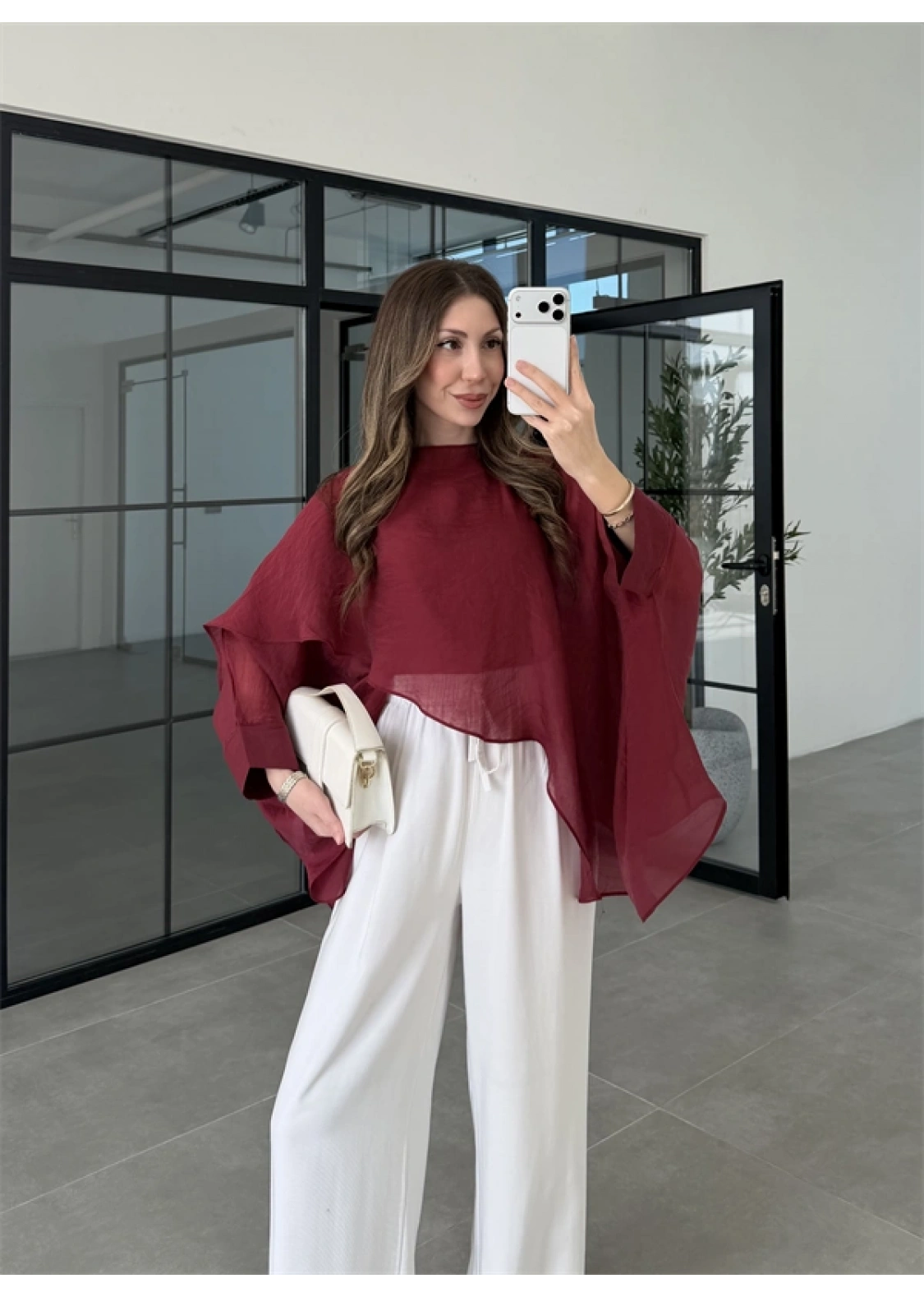 Uçuşan Pelerin Bordo Tül Bluz