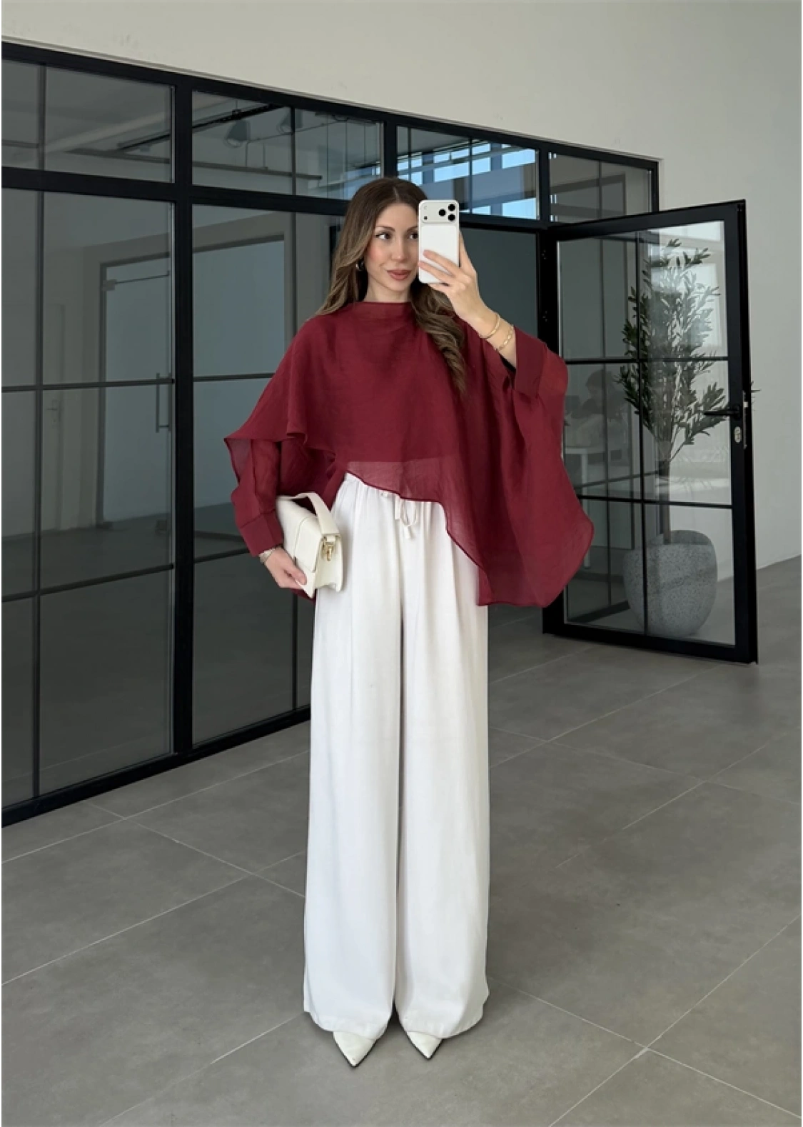 Uçuşan Pelerin Bordo Tül Bluz