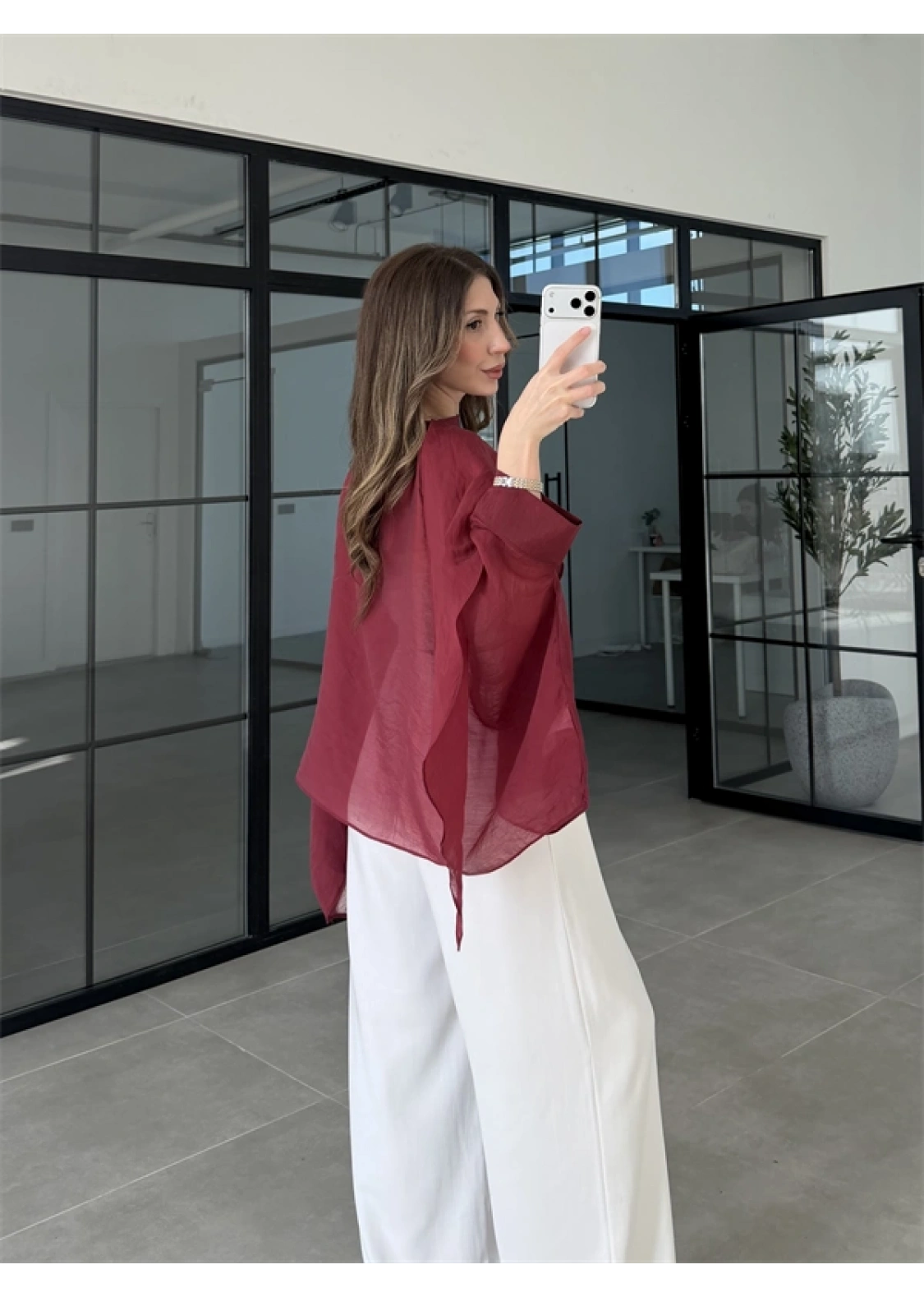 Uçuşan Pelerin Bordo Tül Bluz