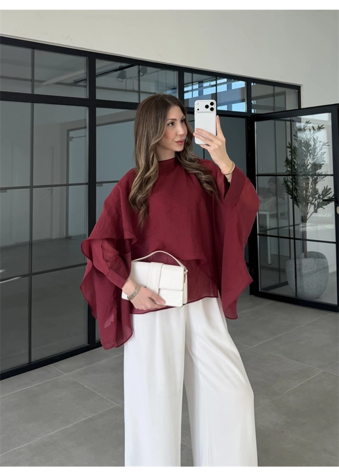 Uçuşan Pelerin Bordo Tül Bluz