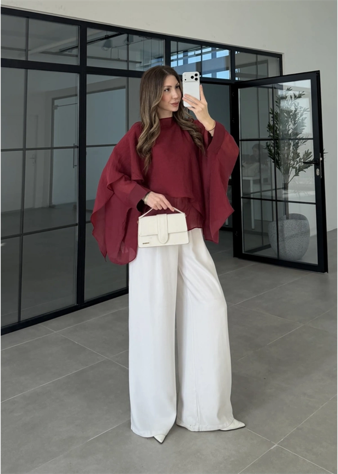 Uçuşan Pelerin Bordo Tül Bluz