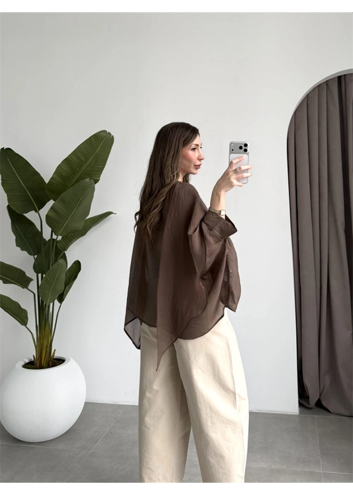 Uçuşan Pelerin Kahve Tül Bluz