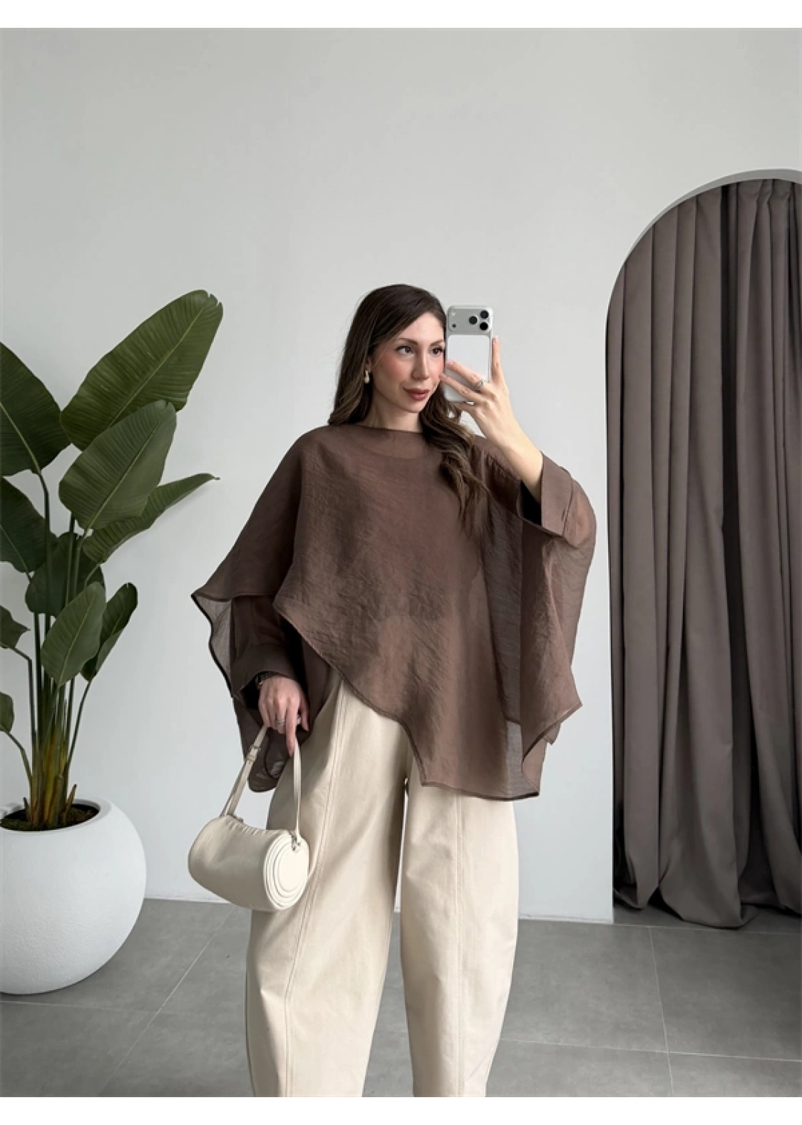 Uçuşan Pelerin Kahve Tül Bluz