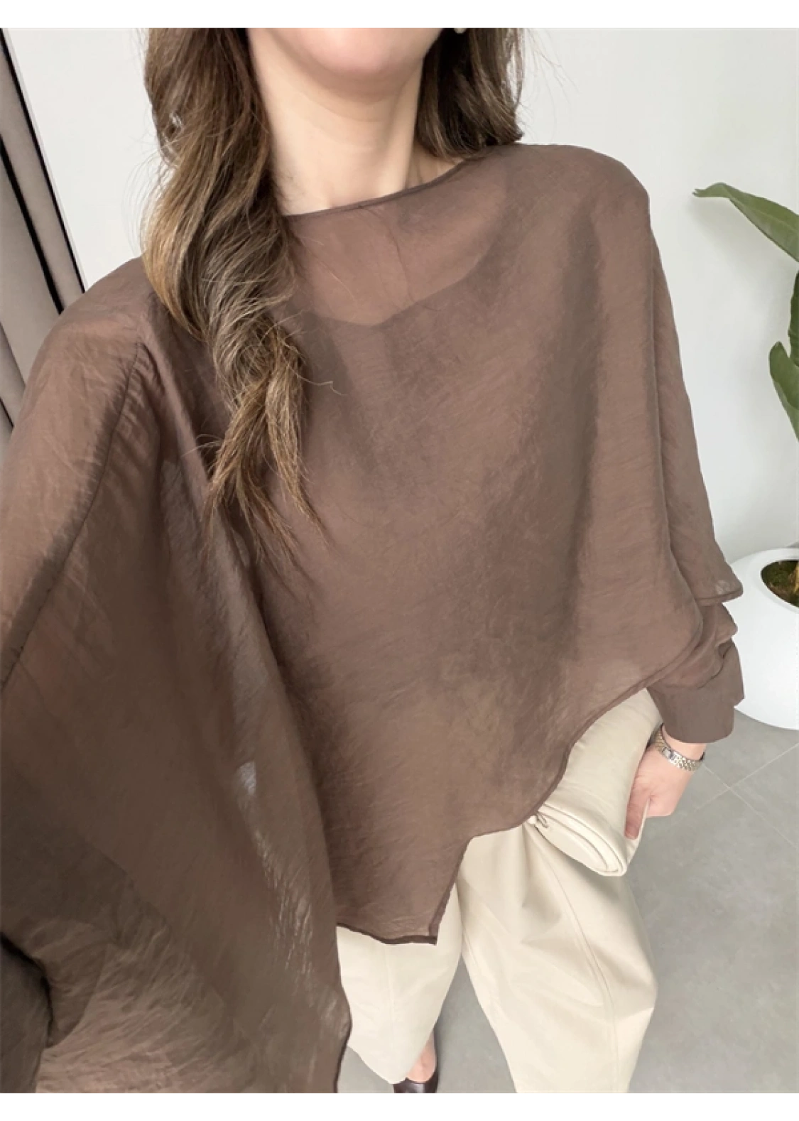 Uçuşan Pelerin Kahve Tül Bluz