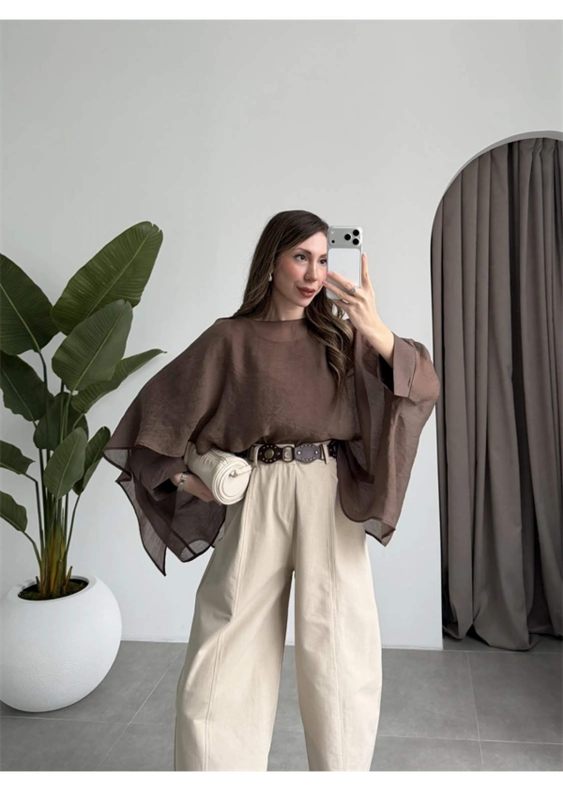 Uçuşan Pelerin Kahve Tül Bluz