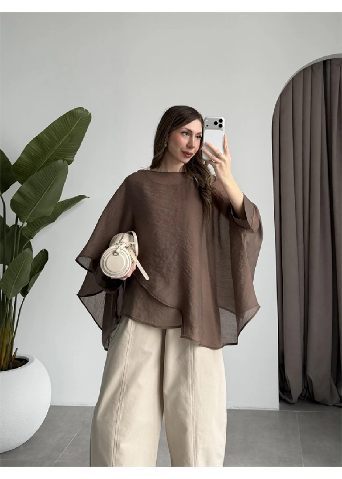 Uçuşan Pelerin Kahve Tül Bluz