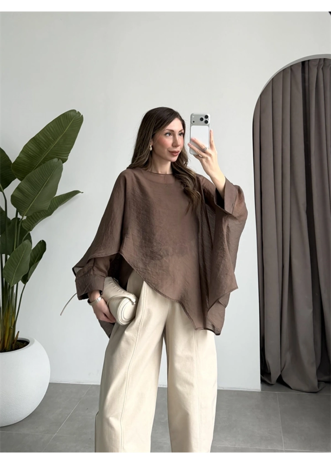 Uçuşan Pelerin Kahve Tül Bluz