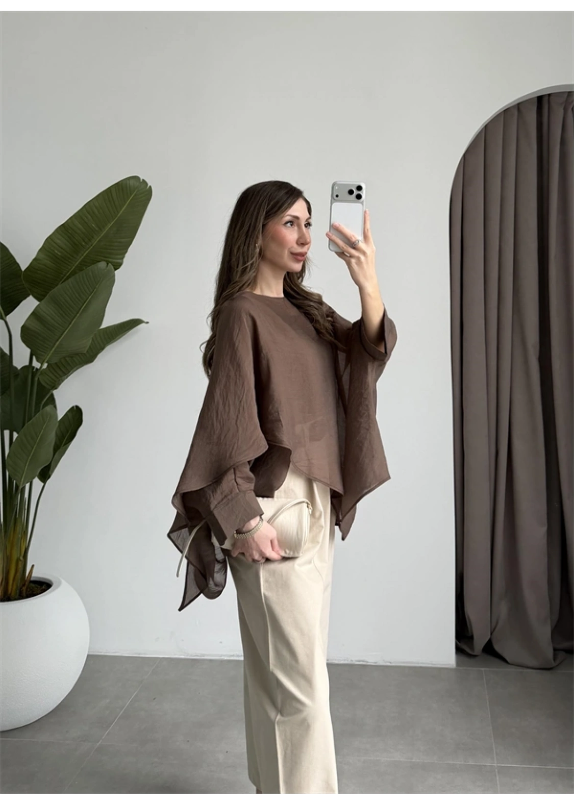 Uçuşan Pelerin Kahve Tül Bluz