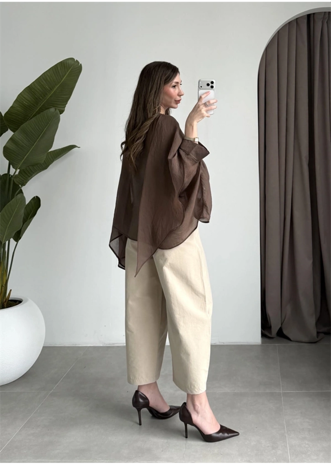 Uçuşan Pelerin Kahve Tül Bluz