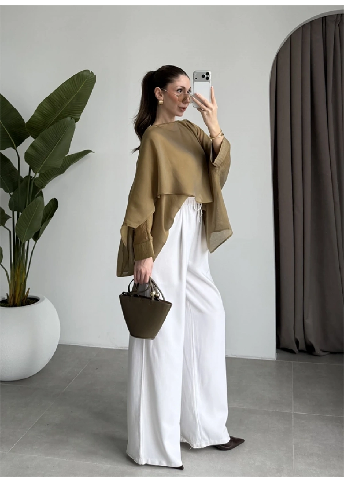 Uçuşan Pelerin Olive Tül Bluz