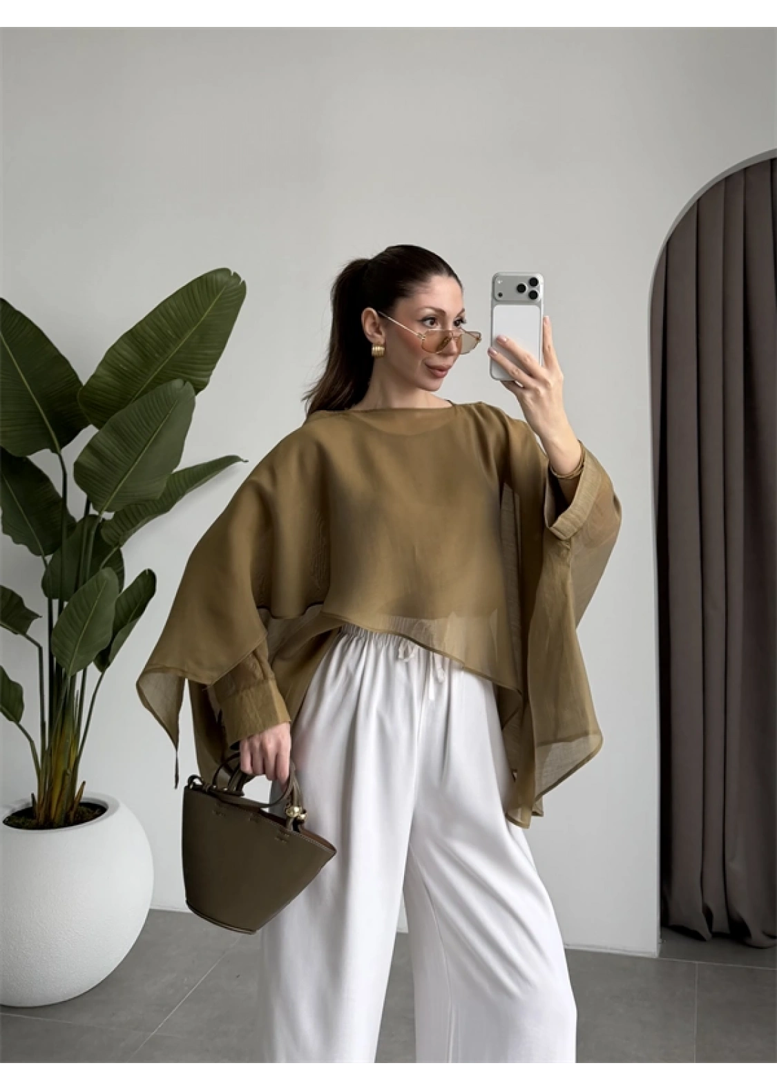 Uçuşan Pelerin Olive Tül Bluz