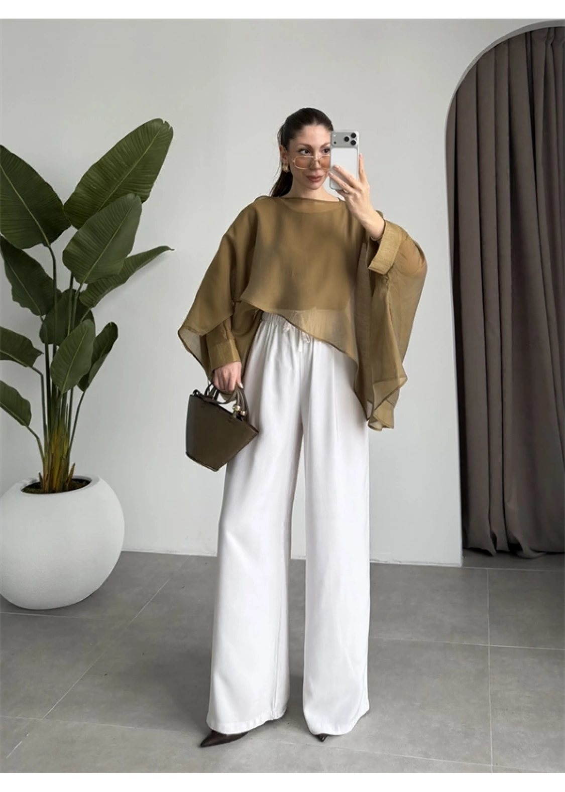 Uçuşan Pelerin Olive Tül Bluz