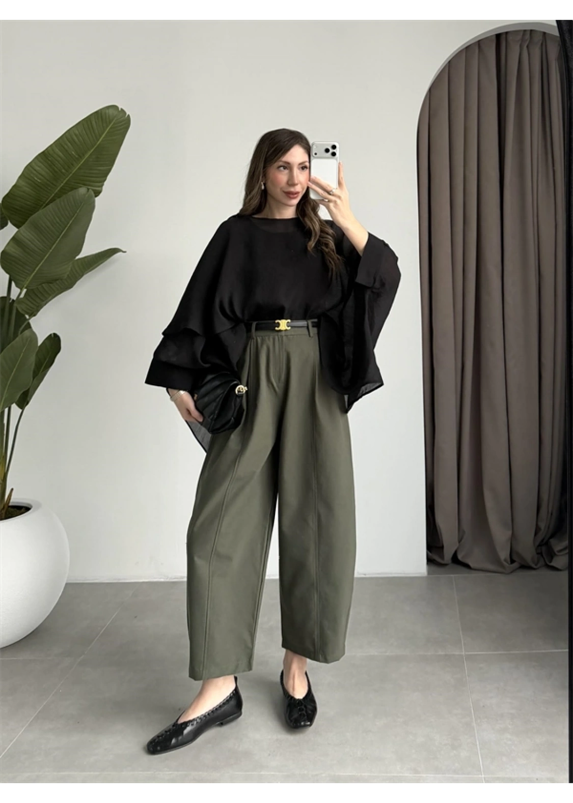 Uçuşan Pelerin Siyah Tül Bluz