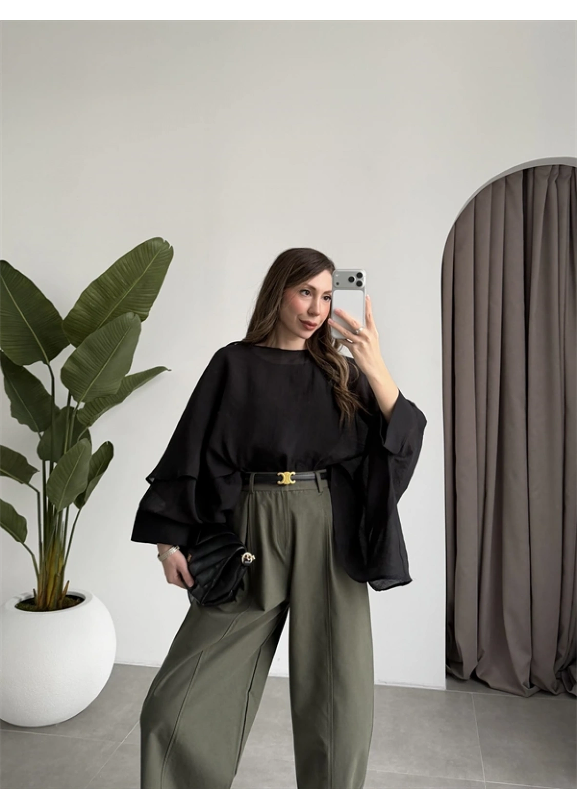 Uçuşan Pelerin Siyah Tül Bluz