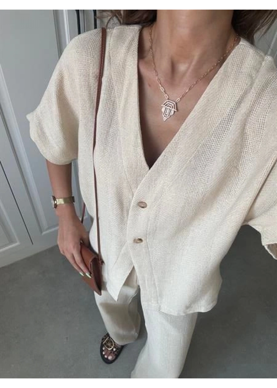 V Yaka Basic Bej Hasır Takım