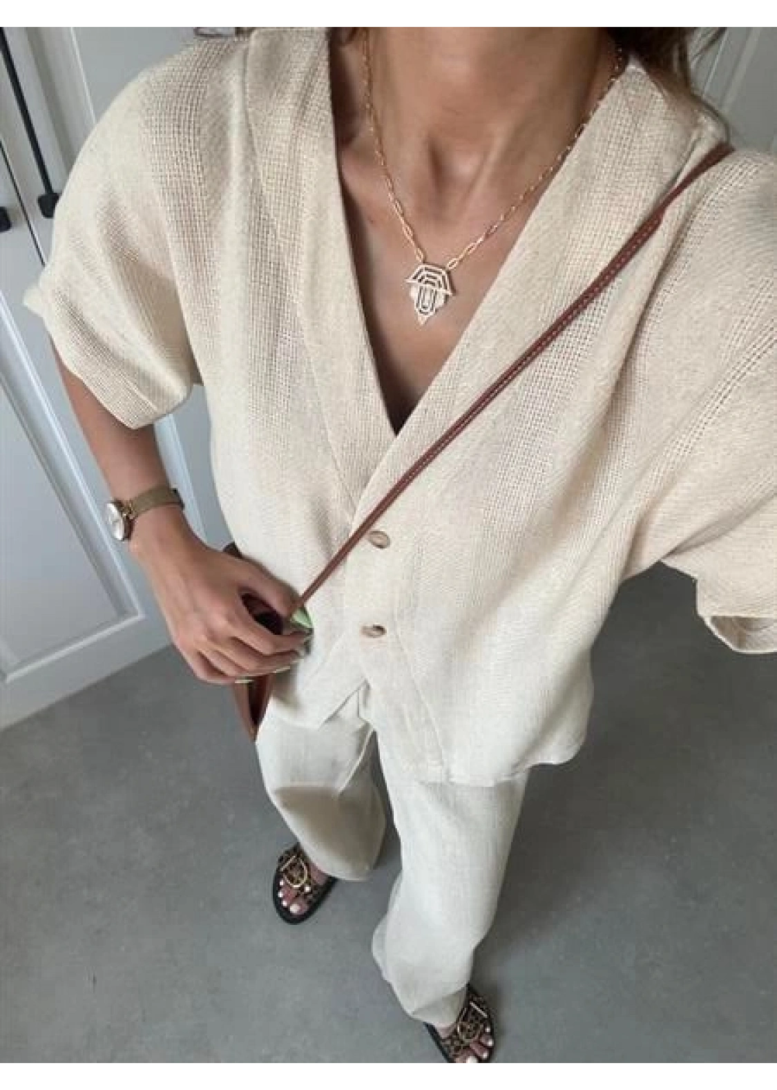 V Yaka Basic Bej Hasır Takım