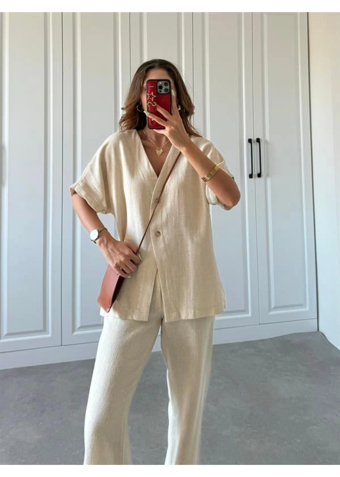 V Yaka Basic Bej Hasır Takım