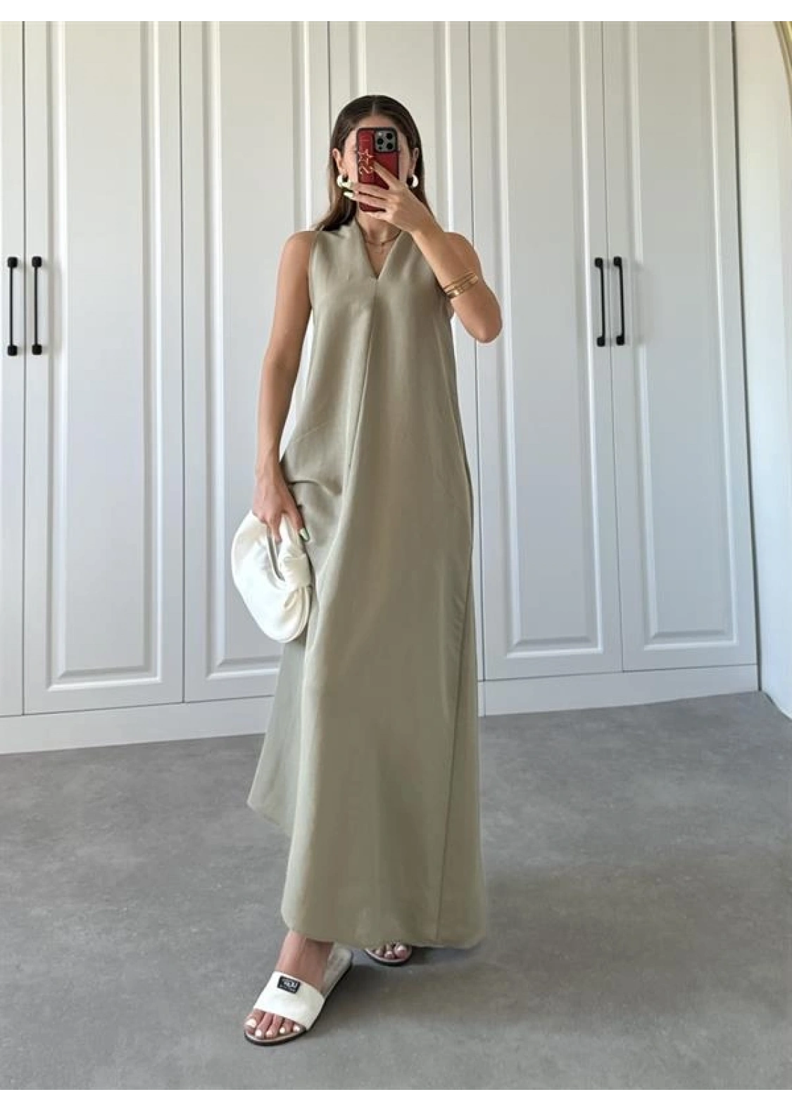 V Yaka Keten Uzun Oversize Cepli Haki Elbise