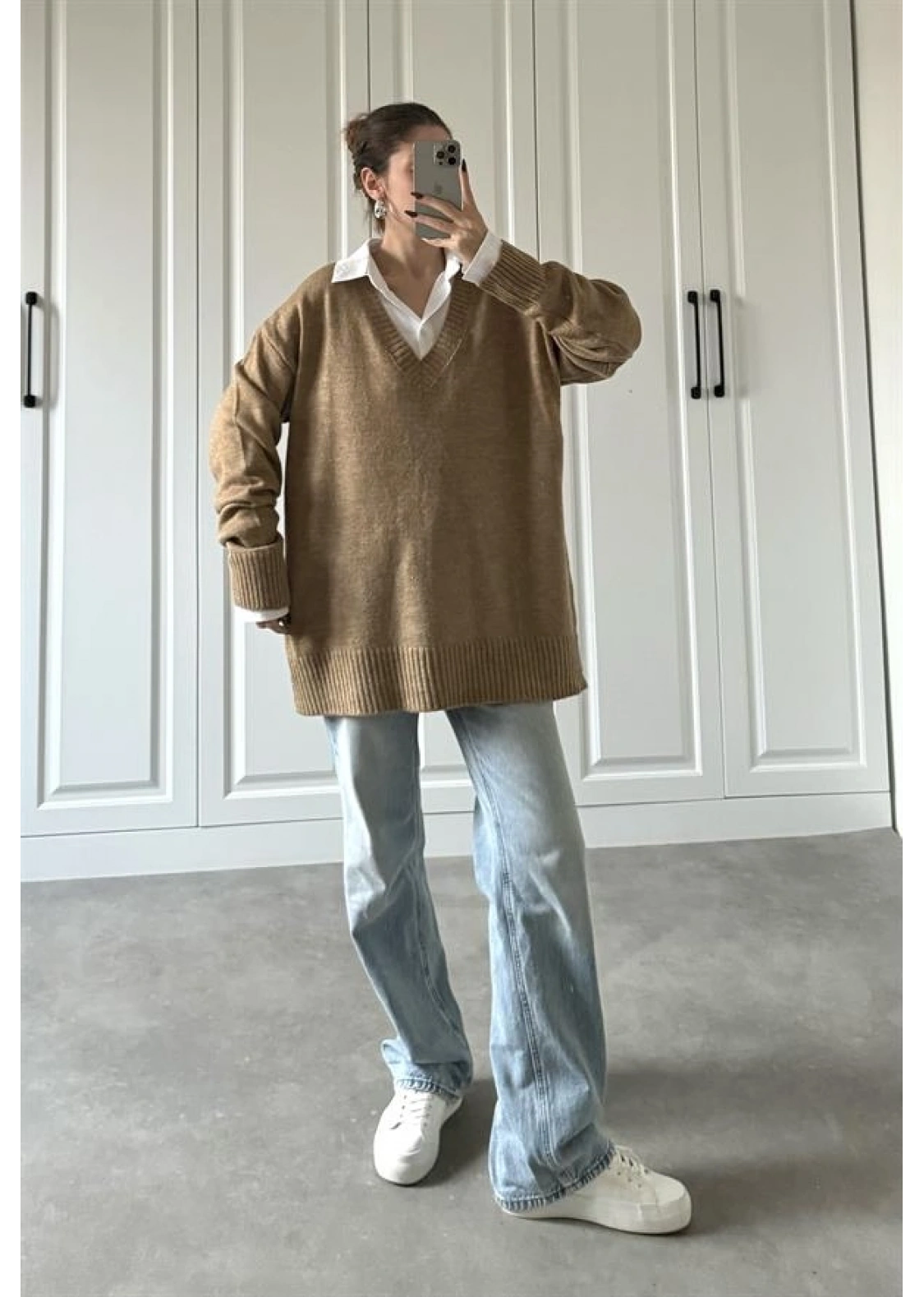 V Yaka Oversize Camel Triko Kazak