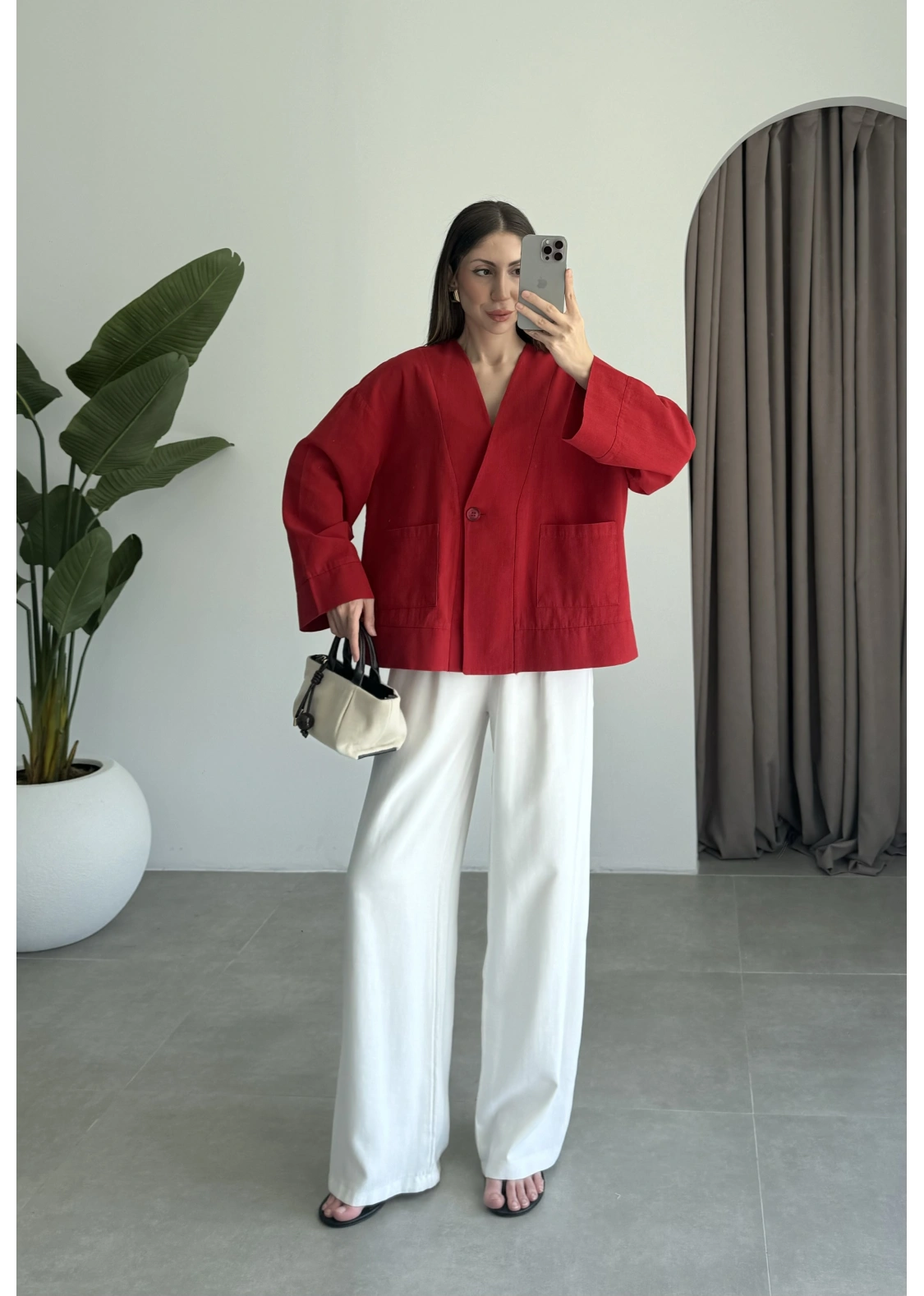 V Yaka Tek Düğme Keten Kırmızı Kimono Ceket