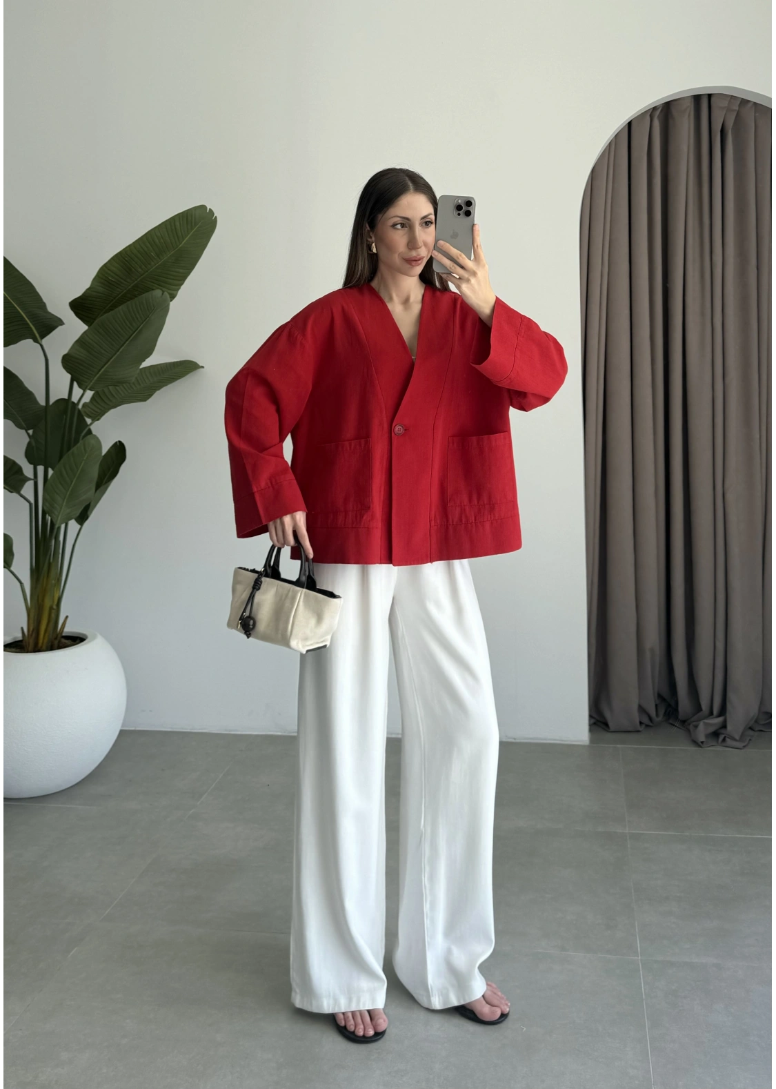 V Yaka Tek Düğme Keten Kırmızı Kimono Ceket