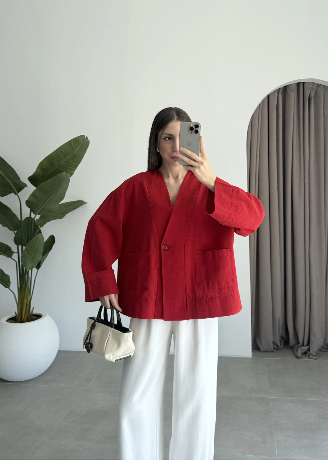 V Yaka Tek Düğme Keten Kırmızı Kimono Ceket