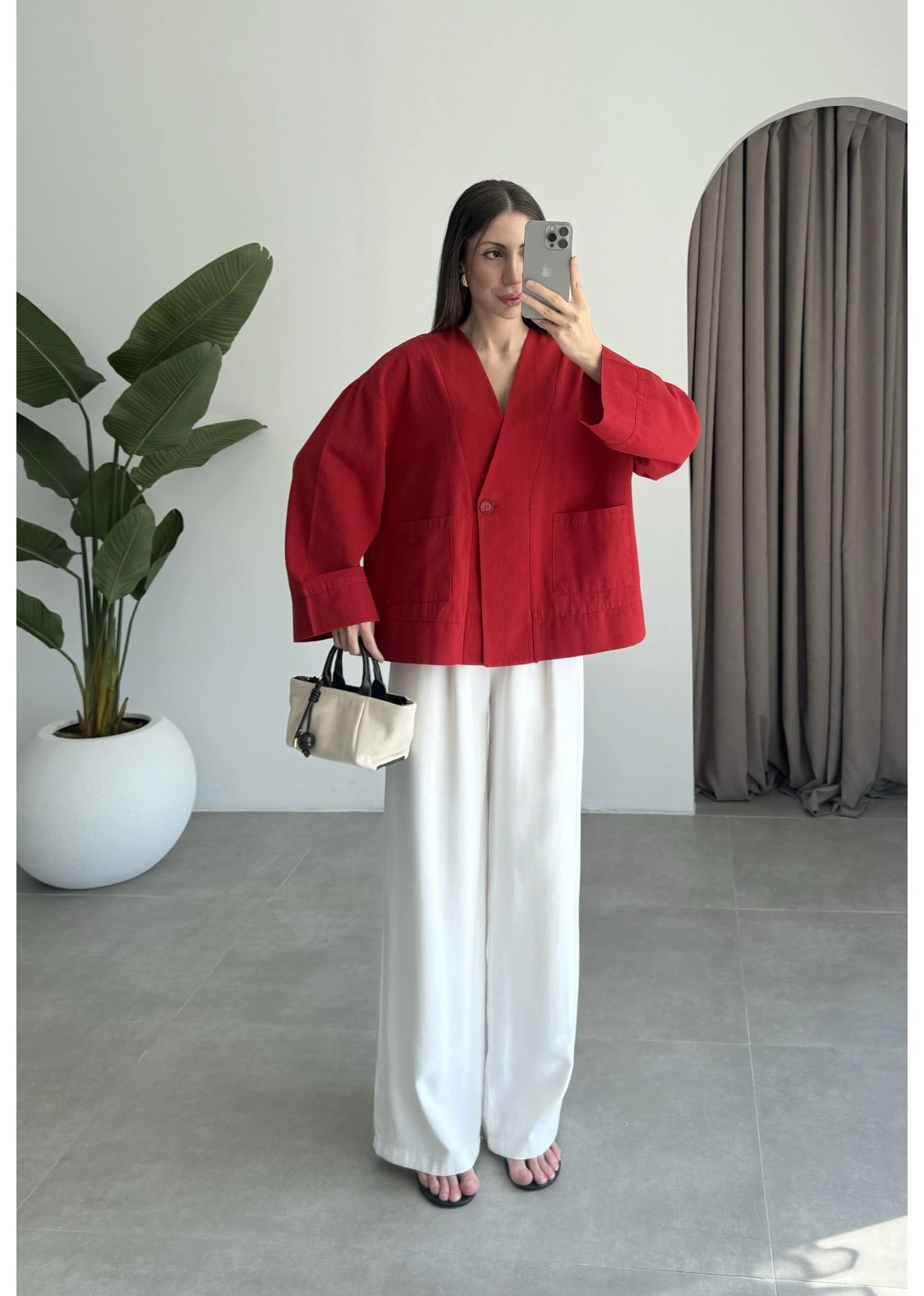 V Yaka Tek Düğme Keten Kırmızı Kimono Ceket