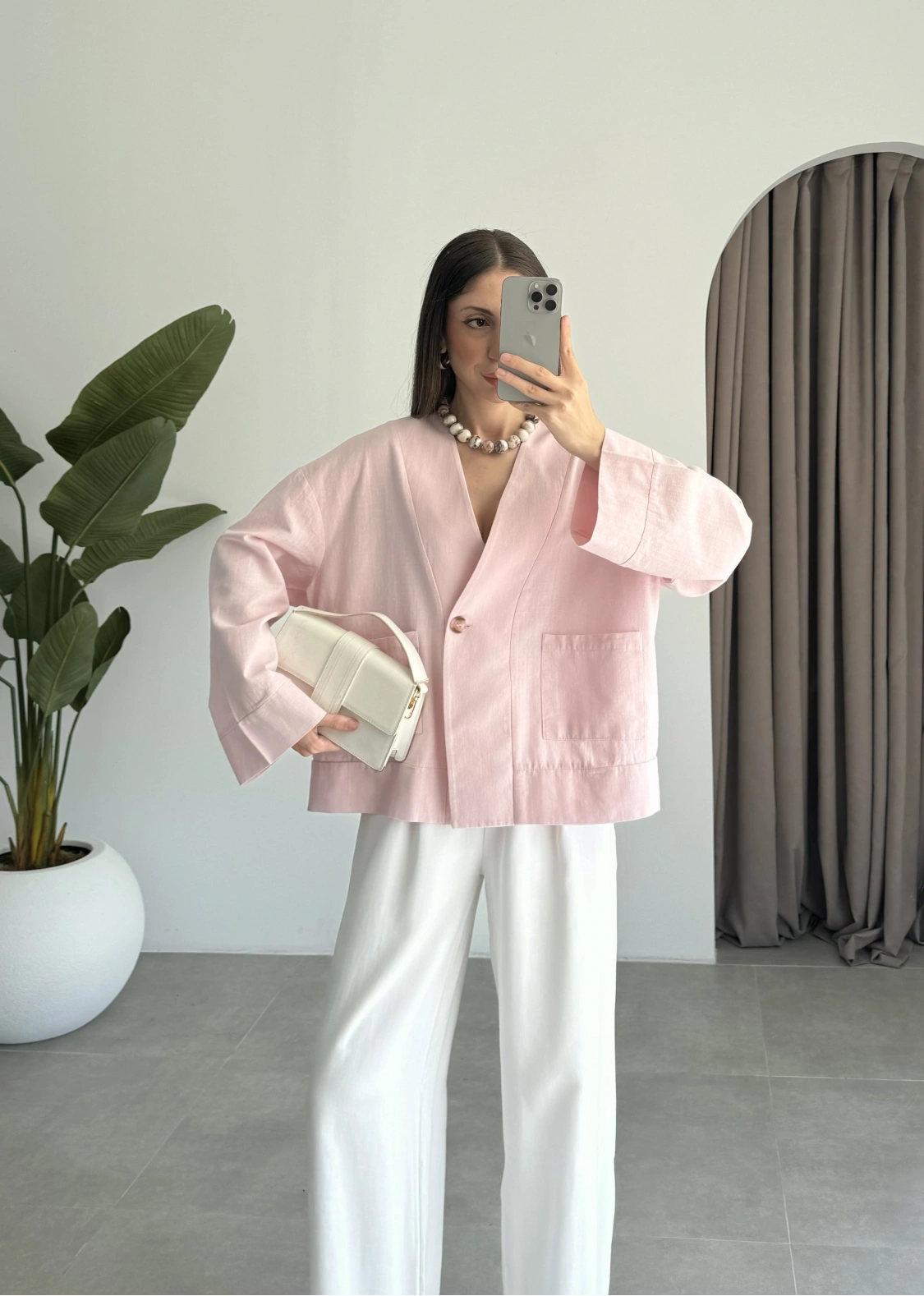 V Yaka Tek Düğme Keten Pembe Kimono Ceket