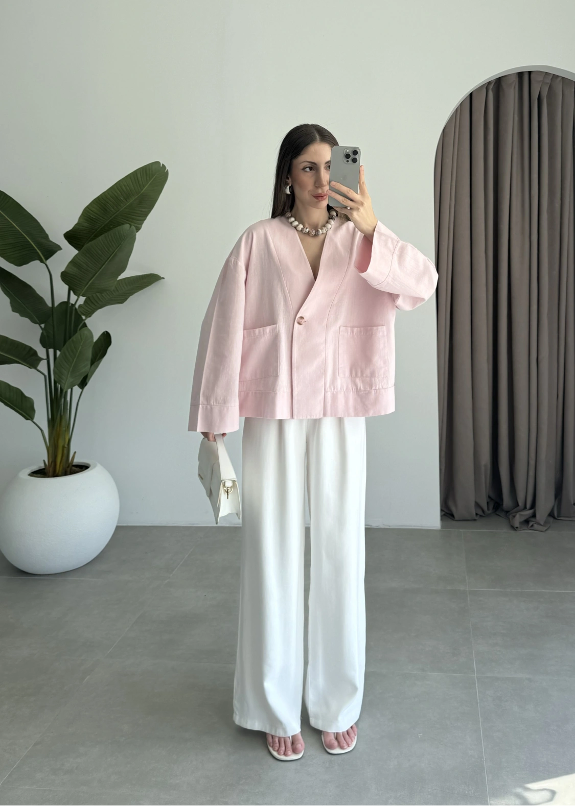 V Yaka Tek Düğme Keten Pembe Kimono Ceket
