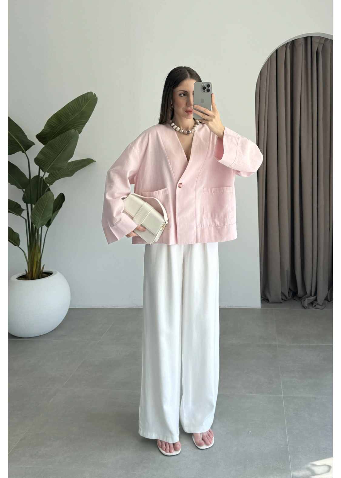 V Yaka Tek Düğme Keten Pembe Kimono Ceket