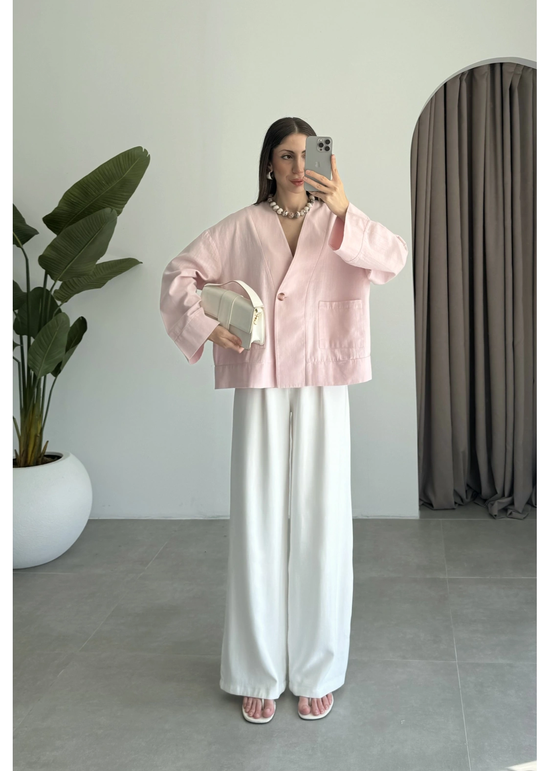 V Yaka Tek Düğme Keten Pembe Kimono Ceket