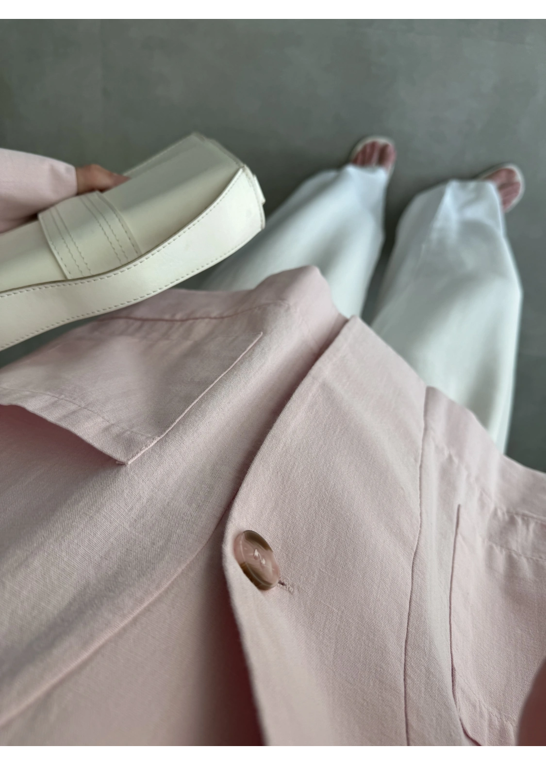 V Yaka Tek Düğme Keten Pembe Kimono Ceket