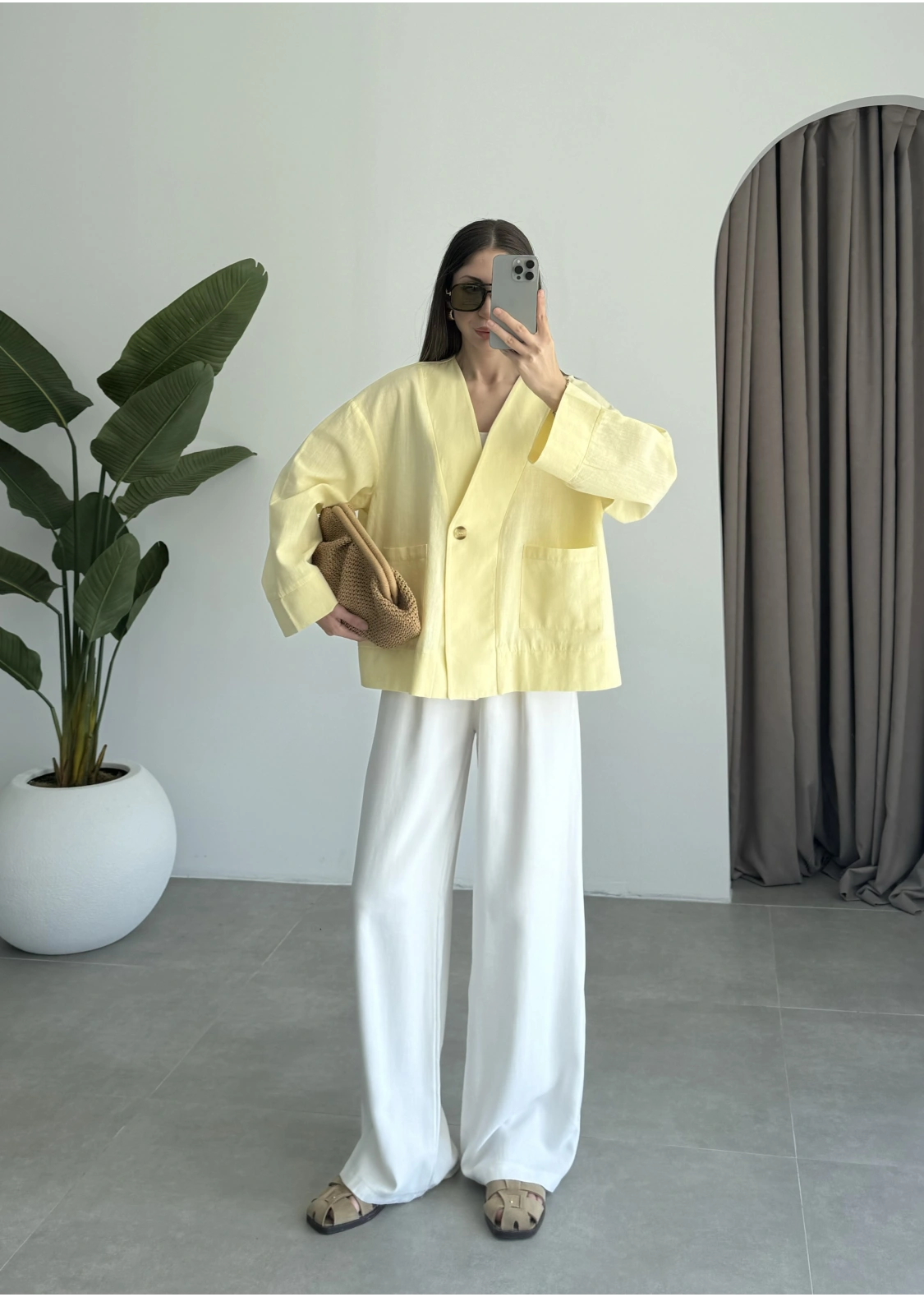 V Yaka Tek Düğme Keten Sarı Kimono Ceket