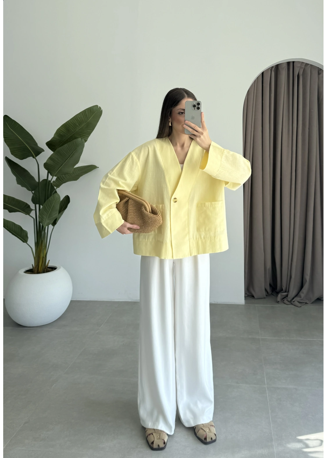 V Yaka Tek Düğme Keten Sarı Kimono Ceket
