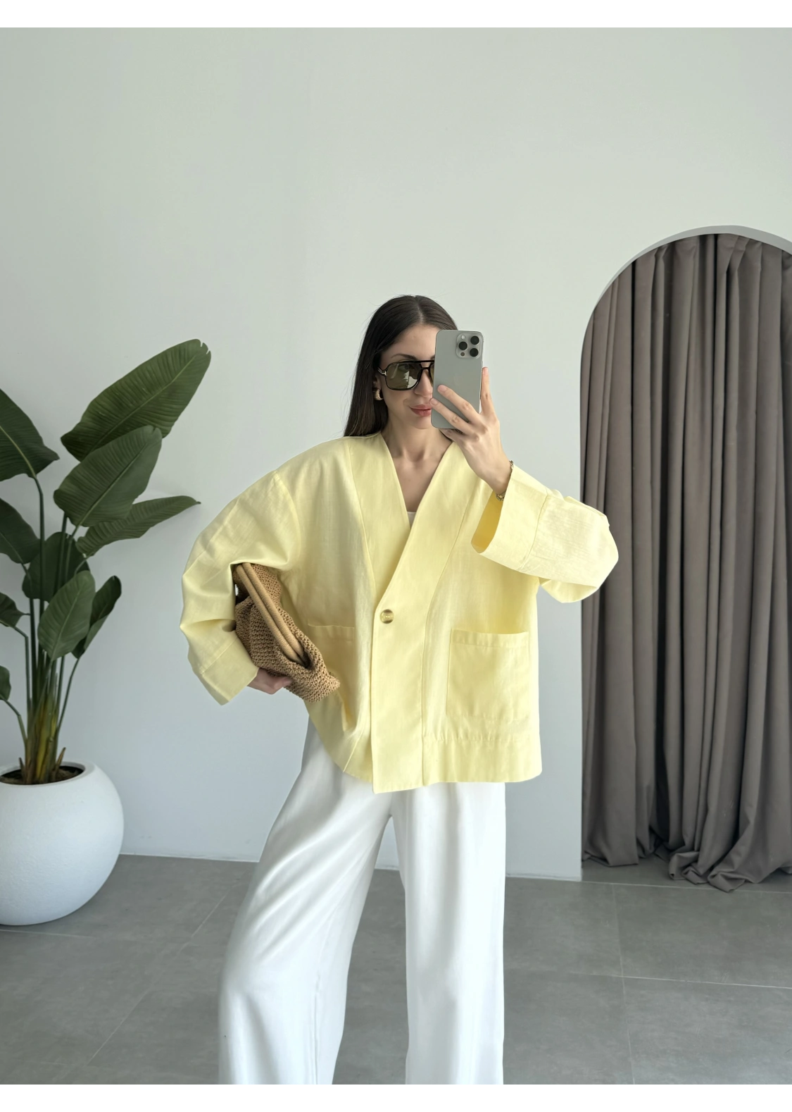 V Yaka Tek Düğme Keten Sarı Kimono Ceket