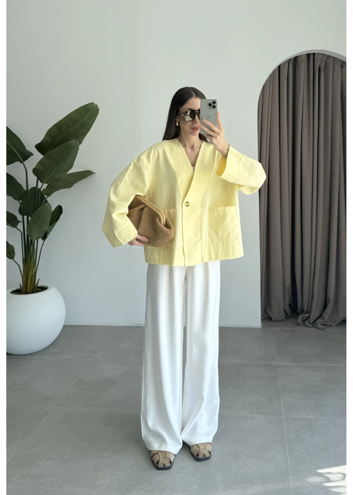 V Yaka Tek Düğme Keten Sarı Kimono Ceket