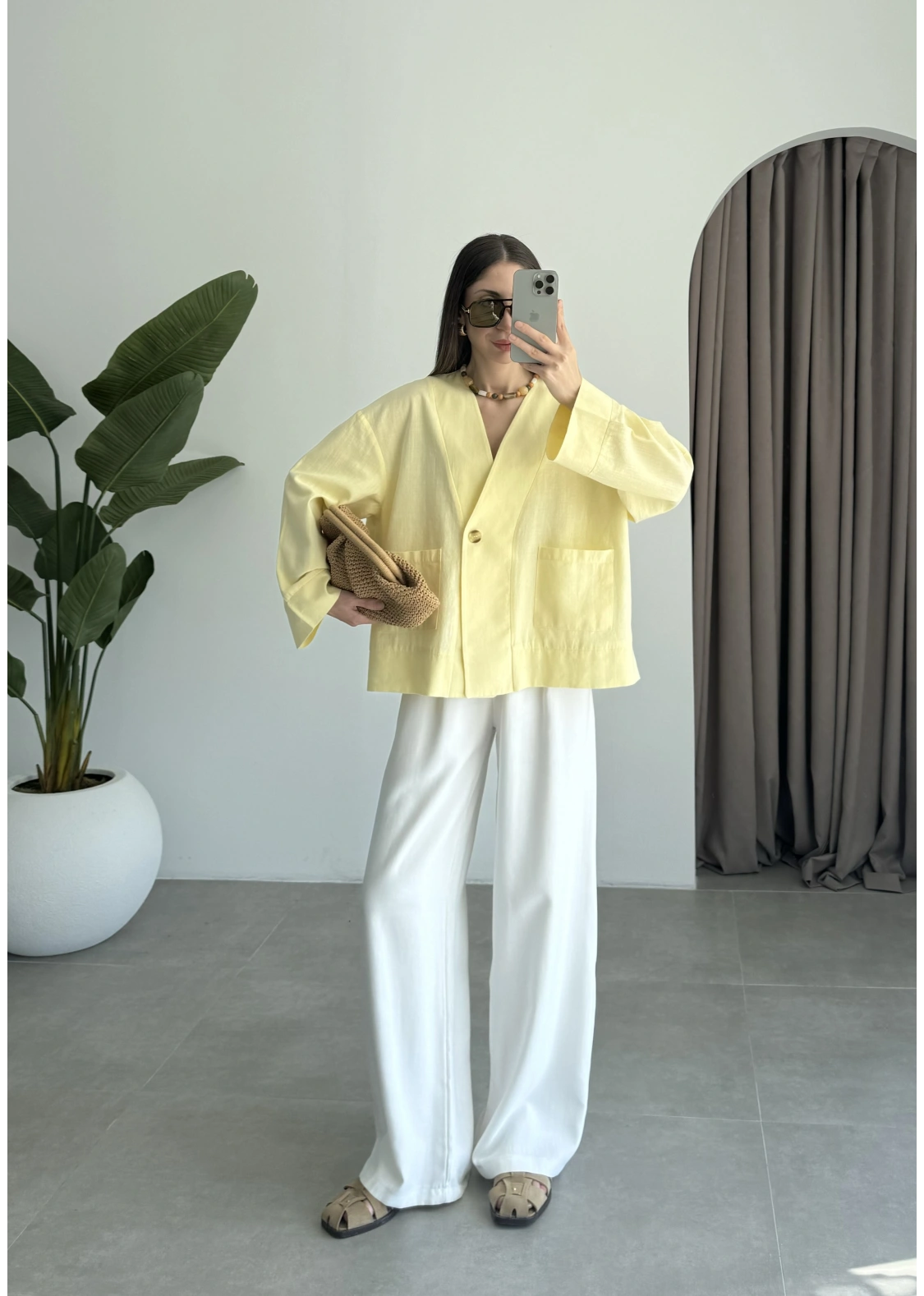 V Yaka Tek Düğme Keten Sarı Kimono Ceket